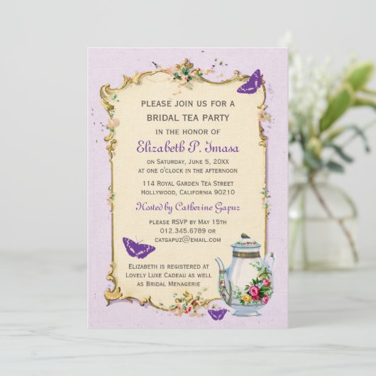 Lila Vintages französisches Brauttee-Party Einladung (Stehend Vorderseite)