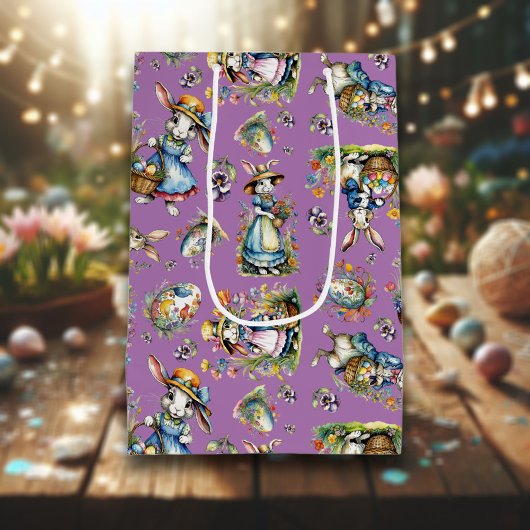 Lila Vintages Ostern Bunny Flower Mittlere Geschenktüte