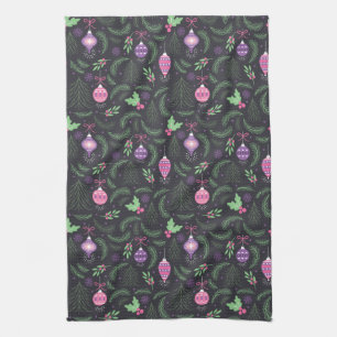 Lila Vintages Weihnachtsverzierungs-Muster Geschirrtuch