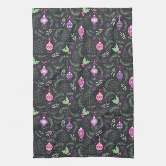 Lila Vintages Weihnachtsverzierungs-Muster Geschirrtuch (Vertikal)