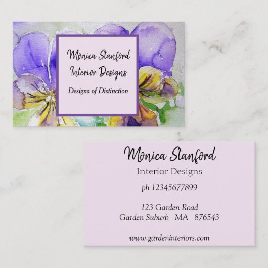 Lila Viola Blume Watercolor Business Card Visitenkarte (Vorne/Hinten)