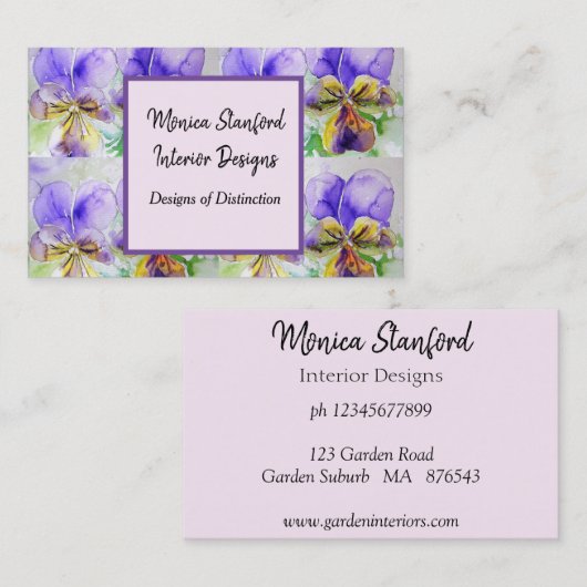 Lila Viola Blume Watercolor Visitenkarte (Vorne/Hinten)