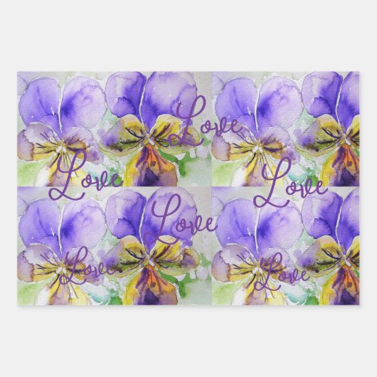 Lila Viola Stiefmütterchen Blume Wasserfarben Lieb Geschenkpapier Set (Vorderseite)