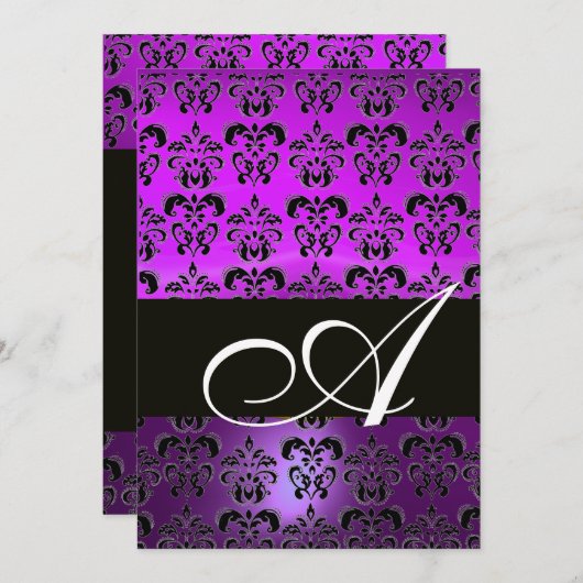 LILA VIOLET BLACK DAMASK MONOGRAMM, weiß Einladung (Vorne/Hinten)