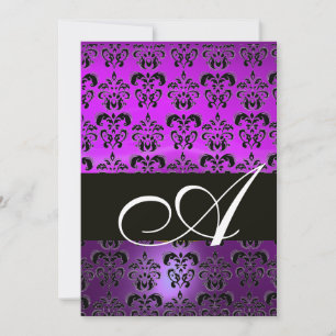 LILA VIOLET BLACK DAMASK MONOGRAMM, weiß Einladung