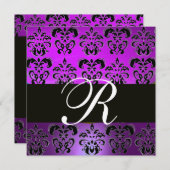 LILA VIOLET-BLACK-DAMASK-MONOGRAMM, weiß Einladung (Vorne/Hinten)