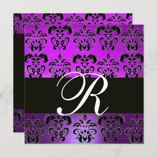 LILA VIOLET-BLACK-DAMASK-MONOGRAMM, weiß Einladung (Vorne/Hinten)