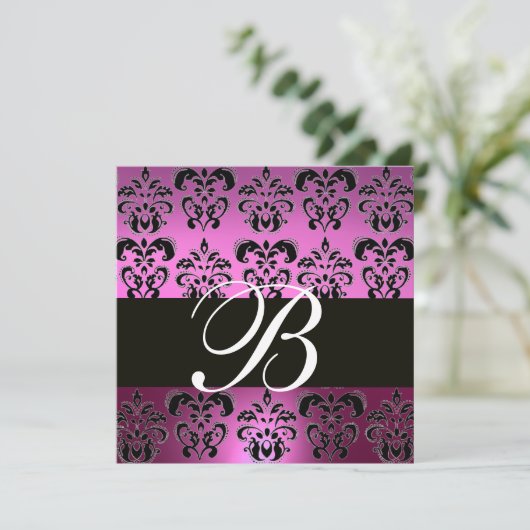LILA VIOLET-BLACK-DAMASK-MONOGRAMM, weiß, Einladung (Stehend Vorderseite)