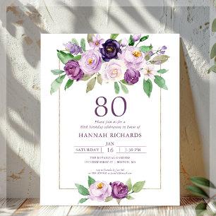 Lila   Violet Floral 80. Geburtstag Einladung