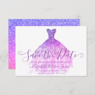 Lila Violet Glitzer ChicDress Sweet 16 Geburtstag Save The Date