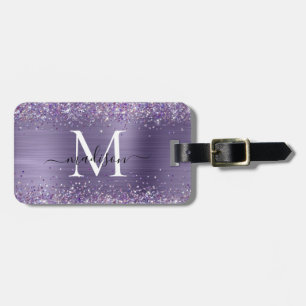 Lila Violet-Glitzer Pinselmetall-Monogramm-Skript Gepäckanhänger