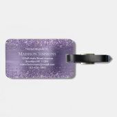 Lila Violet-Glitzer Pinselmetall-Monogramm-Skript Gepäckanhänger (Rückseite horizontal)