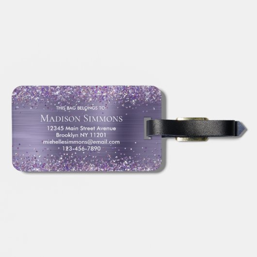 Lila Violet-Glitzer Pinselmetall-Monogramm-Skript Gepäckanhänger (Rückseite horizontal)