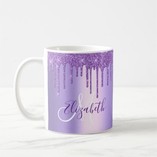 Lila Violet Glitzer Tropfen Metal Monogramm Kaffeetasse (Links)