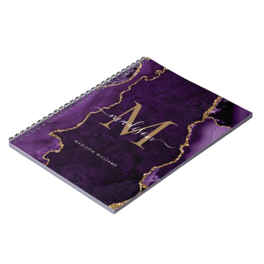 Lila Violet Gold Agate Geode Monogram Script Notizblock (Linke Seite)