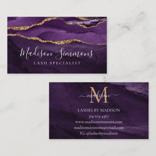 Lila Violet Gold Agate Geode Monogram Script Visitenkarte (Vorne/Hinten)