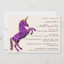 Lila Violet Gold Glitzer Einhorn Einladung
