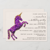Lila Violet Gold Glitzer Einhorn Einladung (Vorne/Hinten)
