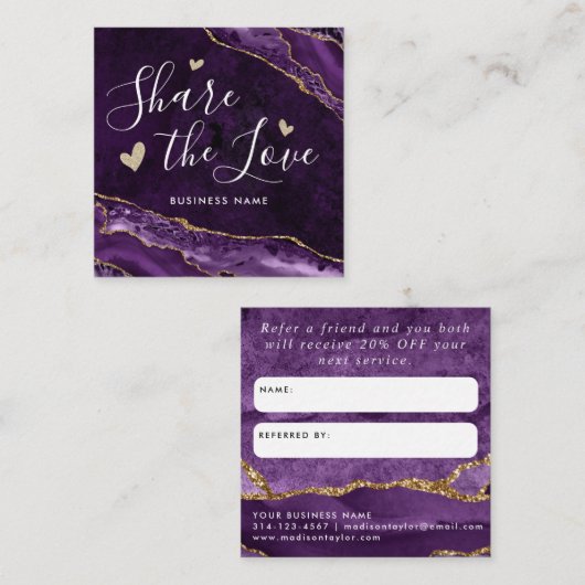 Lila Violet Gold Glitzer Marble Agate Share Liebe Empfehlungskarte (Vorne/Hinten)