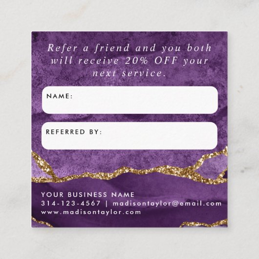 Lila Violet Gold Glitzer Marble Agate Share Liebe Empfehlungskarte (Rückseite)