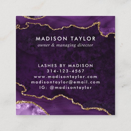 Lila Violet Gold Glitzer Marmoragate Monogramm Quadratische Visitenkarte (Rückseite)