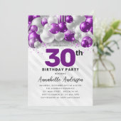 Lila Violet Silver Ballon Glitzer 30. Geburtstag Einladung (Stehend Vorderseite)