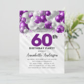 Lila Violet Silver Ballon Glitzer 60. Geburtstag Einladung (Stehend Vorderseite)