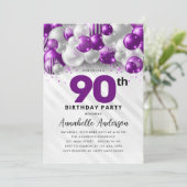 Lila Violet Silver Ballon Glitzer 90. Geburtstag Einladung (Stehend Vorderseite)