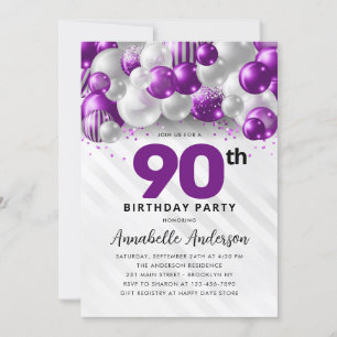Lila Violet Silver Ballon Glitzer 90. Geburtstag Einladung