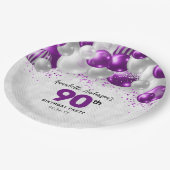 Lila Violet Silver Ballon Glitzer 90. Geburtstag Pappteller (Schrägansicht)