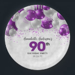 Lila Violet Silver Ballon Glitzer 90. Geburtstag Pappteller<br><div class="desc">Modern Glam Lila Violet Silber Ballon Glitzer Sparkor jedes Alter Geburtstagsparty Teller</div>