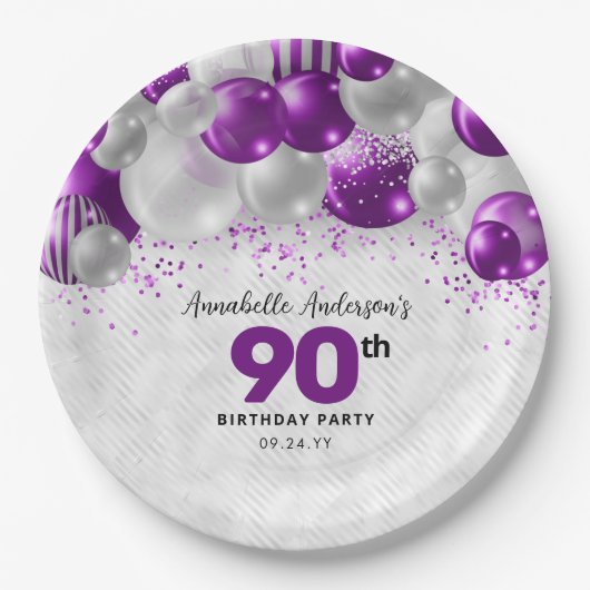 Lila Violet Silver Ballon Glitzer 90. Geburtstag Pappteller (Vorderseite)
