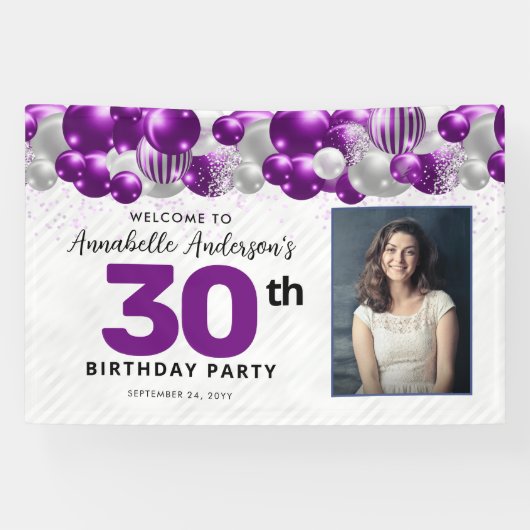 Lila Violet Silver Balloon Glitzer Foto Willkommen Banner (Horizontal)