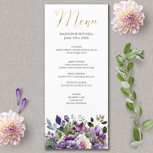 Lila Violet Watercolor Bouquet Gold Script Menükarte
