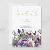 Lila Violet Watercolor Bouquet Gold Script Save The Date (Vorderseite)