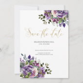 Lila Violet Watercolor Bouquet Gold Script Save The Date (Vorderseite)