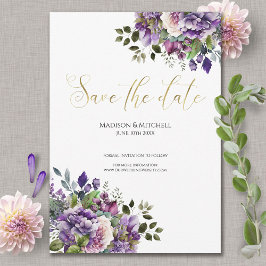 Lila Violet Watercolor Bouquet Gold Script Save The Date