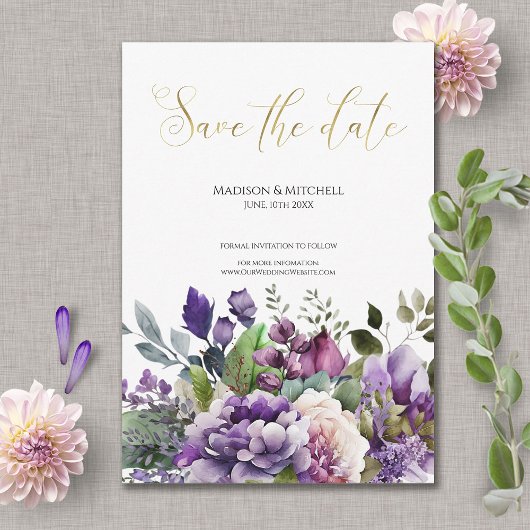 Lila Violet Watercolor Bouquet Gold Script Save The Date