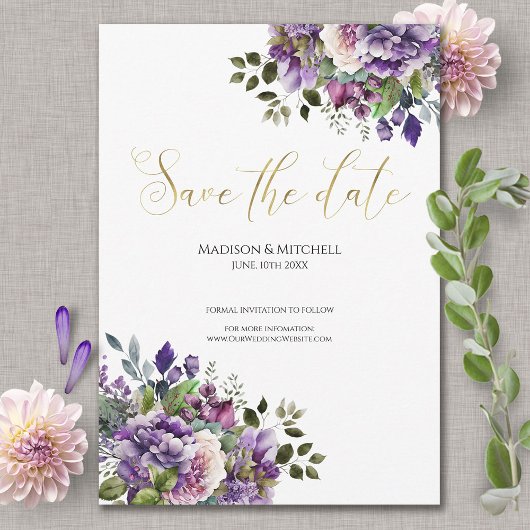 Lila Violet Watercolor Bouquet Gold Script Save The Date