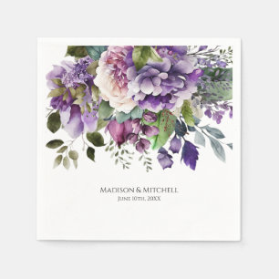 Lila Violet Watercolor Bouquet Gold Script Serviette