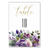 Lila Violet Watercolor Bouquet Gold Script Tischnummer (Vorderseite)