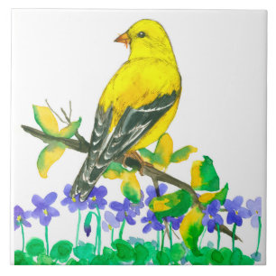 Lila Violets, American Goldfinch Bird Yellow Fliese