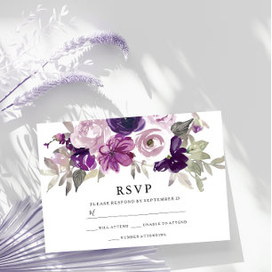 Lila Violett-Aquarellfarben-Blume Hochzeitdetails Begleitkarte