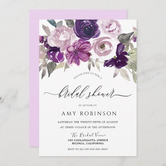 Lila Violett Blume Brautparty Einladung (Vorne/Hinten)