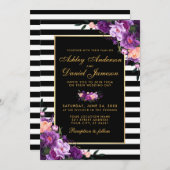 Lila Violett-Blütengold-Streifen Hochzeit Einladung (Vorne/Hinten)