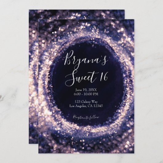 Lila Violett glänzende Lichter Glam Sweet 16 Party Einladung (Vorne/Hinten)