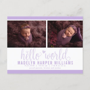 Lila Violett Hello World Foto Geburt Stat Ankündigungspostkarte