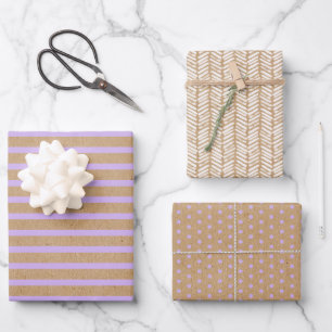 Lila Violett Purpur Linien Faux Rustik Kraft Geschenkpapier Set