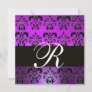 LILA VIOLETT SCHWARZER DAMAST MONOGRAMM,,weiß Einladung