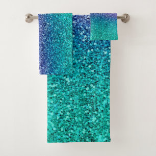 Lila Violett & Türkis Grün Glänzender Glitter Badhandtuch Set